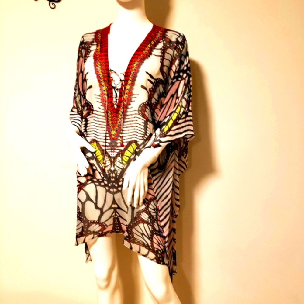 Pink BUTTERFLY Print Sheer Kaftan Swim C/ Up-S